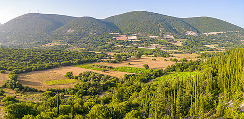 Aerial view of landscape and hills near Chaliotata, Kefalonia, Ionian Islands, Greek Islands, Greece, Europe