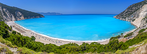 View of Myrtos Beach, coastline, sea and hills near Agkonas, Kefalonia, Ionian Islands, Greek Islands, Greece, Europe