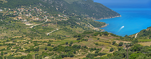 View of coastline, sea and hills near Agkonas, Kefalonia, Ionian Islands, Greek Islands, Greece, Europe