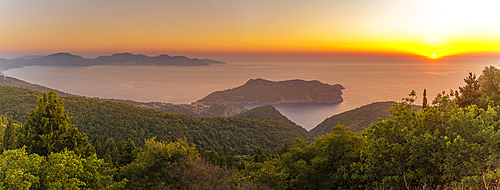 View of Assos, coastline, sea and hills at sunset, Kefalonia, Ionian Islands, Greek Islands, Greece, Europe