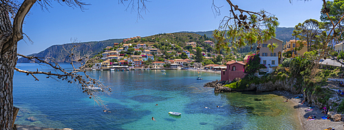 View of harbour and colourful houses in Assos, Assos, Kefalonia, Ionian Islands, Greek Islands, Greece, Europe