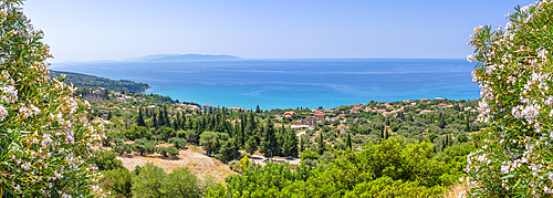 View of olive groves and coastline near Lourdata, Kefalonia, Ionian Islands, Greek Islands, Greece, Europe