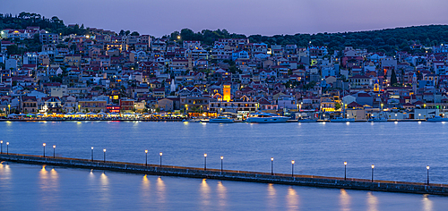 View of Argostoli, capital of Cephalonia and De Bosset Bridge at dusk, Argostolion, Kefalonia, Ionian Islands, Greek Islands, Greece, Europe