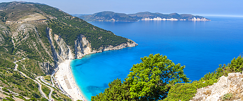 View of Myrtos Beach, coastline, sea and hills near Agkonas, Kefalonia, Ionian Islands, Greek Islands, Greece, Europe