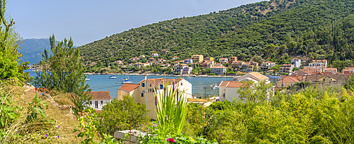 View of rooftops and town from elevated position in Agia Effimia, Kefalonia, Ionian Islands, Greek Islands, Greece, Europe