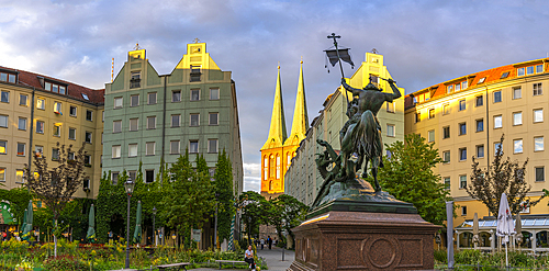 View of St. Nicholas Church and St. George The Dragonslayer at sunset, Nikolai District, Berlin, Germany, Europe