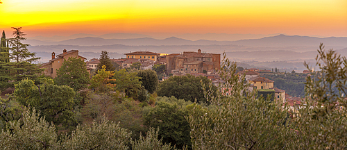 View of sunrise over Chianciano Terme, Province of Siena, Tuscany, Italy, Europe