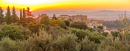 View of sunrise over Chianciano Terme, Province of Siena, Tuscany, Italy, Europe