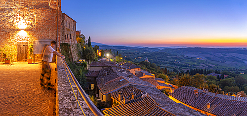 View of Tuscan landscape from Montepulciano at dusk, Montepulciano, Province of Siena, Tuscany, Italy, Europe