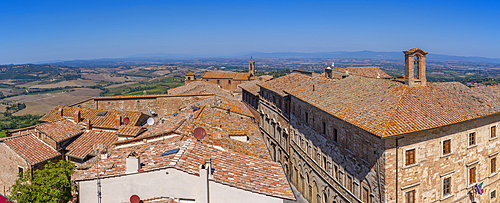 View of Tuscan landscape and rooftops from Palazzo Comunale in Montepulciano, Montepulciano, Province of Siena, Tuscany, Italy, Europe