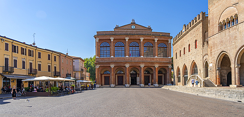 View of Teatro Amintore Galli and Palazzo del Podesta in Piazza Cavour in Rimini, Rimini, Emilia-Romagna, Italy, Europe