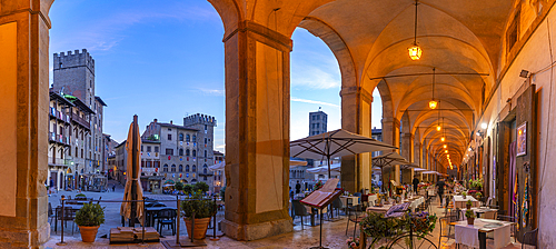 View of architecture in Piazza Grande at dusk, Arezzo, Province of Arezzo, Tuscany, Italy, Europe