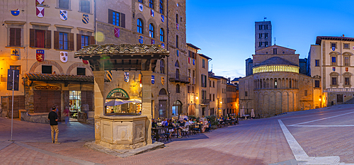 View of architecture in Piazza Grande at dusk, Arezzo, Province of Arezzo, Tuscany, Italy, Europe