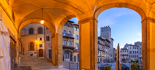 View of architecture in Piazza Grande at dusk, Arezzo, Province of Arezzo, Tuscany, Italy, Europe