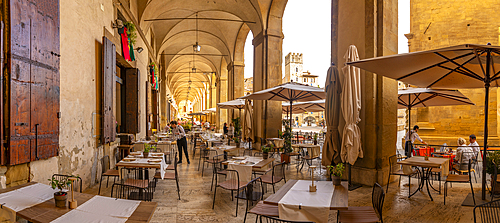 View of restaurant in Piazza Grande, Arezzo, Province of Arezzo, Tuscany, Italy, Europe