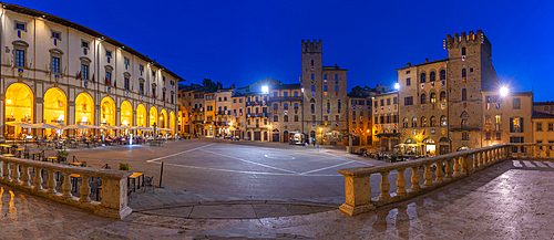 View of architecture in Piazza Grande at dusk, Arezzo, Province of Arezzo, Tuscany, Italy, Europe