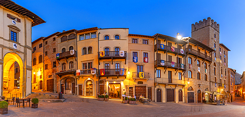 View of architecture in Piazza Grande at dusk, Arezzo, Province of Arezzo, Tuscany, Italy, Europe