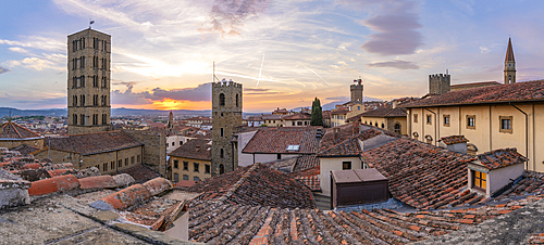 View of city skyline and rooftops from Palazzo della Fraternita dei Laici at sunset, Arezzo, Province of Arezzo, Tuscany, Italy, Europe