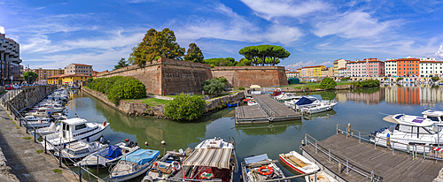 View of Nuova Fortress and canal, Livorno, Province of Livorno, Tuscany, Italy, Europe