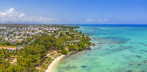 Aerial view of beach and turquoise water at Le Clos Choisy, Mauritius, Indian Ocean, Africa