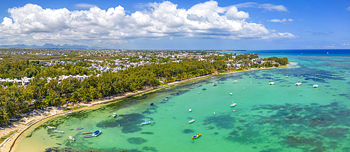 Aerial view of coastline, beach and turquoise water at Cap Malheureux, Mauritius, Indian Ocean, Africa