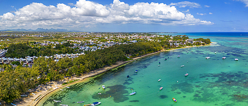 Aerial view of coastline, beach and turquoise water at Cap Malheureux, Mauritius, Indian Ocean, Africa