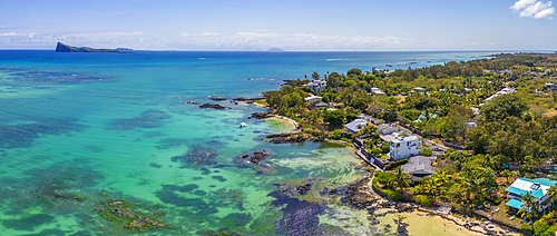 Aerial view of coastline, beach and turquoise water at Cap Malheureux, Mauritius, Indian Ocean, Africa