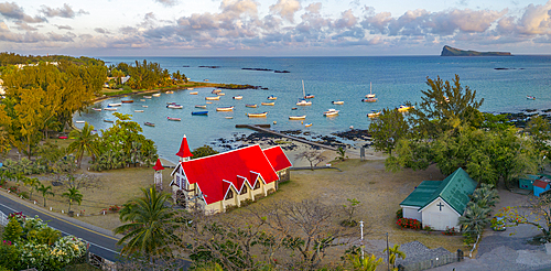 Aerial view of Notre-Dame Auxiliatrice de Cap Malheureux at sunrise, Cap Malheureux, Mauritius, Indian Ocean, Africa