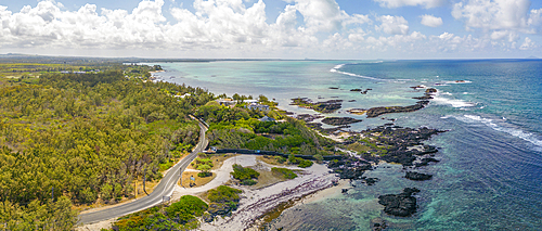 Aerial view of coastline near Poste La Fayette Public Beach, Mauritius, Indian Ocean, Africa