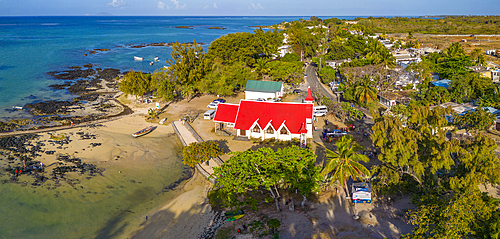 Aerial view of Notre-Dame Auxiliatrice de Cap Malheureux, Cap Malheureux, Mauritius, Indian Ocean, Africa