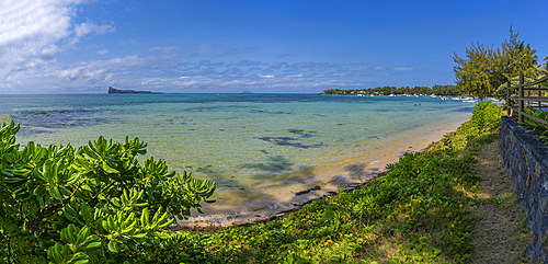 View of beach and turquoise Indian Ocean on sunny day in Cap Malheureux, Mauritius, Indian Ocean, Africa