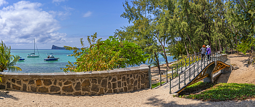 View of boats and turquoise Indian Ocean on sunny day in Cap Malheureux, Mauritius, Indian Ocean, Africa