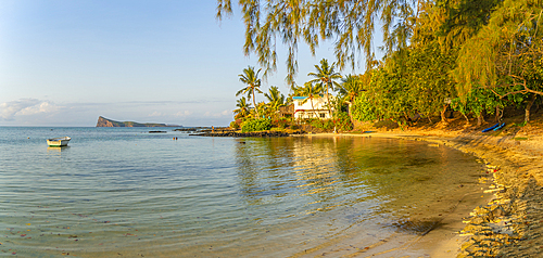 View of beach and turquoise Indian Ocean at sunset in Cap Malheureux, Mauritius, Indian Ocean, Africa