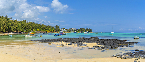 View of beach and turquoise Indian Ocean on sunny day in Cap Malheureux, Mauritius, Indian Ocean, Africa