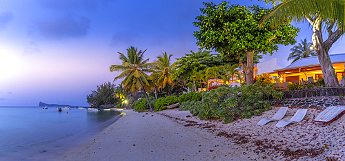 View of beach house at dusk in Cap Malheureux, Mauritius, Indian Ocean, Africa