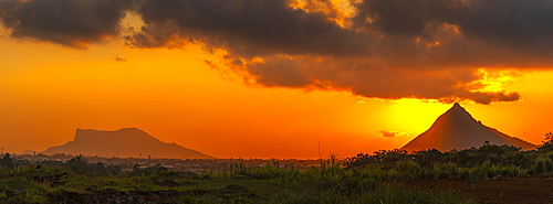 View of Long Mountains at sunset near Beau Bois, Mauritius, Indian Ocean, Africa