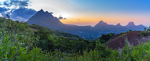 View of Long Mountains at sunset near Beau Bois, Mauritius, Indian Ocean, Africa