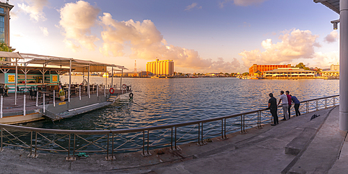 View of Caudan Waterfront in Port Louis at sunset, Port Louis, Mauritius, Indian Ocean, Africa