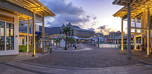 View of Caudan Waterfront in Port Louis at dusk, Port Louis, Mauritius, Indian Ocean, Africa