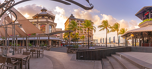 View of Place du Caudan in Caudan Waterfront in Port Louis at sunset, Port Louis, Mauritius, Indian Ocean, Africa