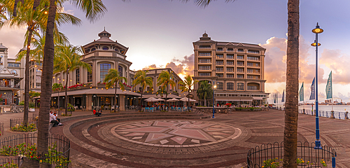 View of Place du Caudan in Caudan Waterfront in Port Louis at sunset, Port Louis, Mauritius, Indian Ocean, Africa