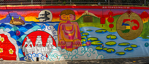 View of wall art at Chinese Embassy, Chinatown, Port Louis, Mauritius, Indian Ocean, Africa