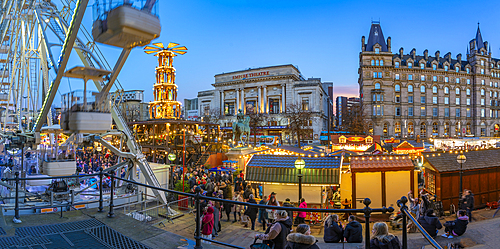 View of ferris wheel and Christmas Market from St. Georges Hall, Liverpool City Centre, Liverpool, Merseyside, England, United Kingdom, Europe