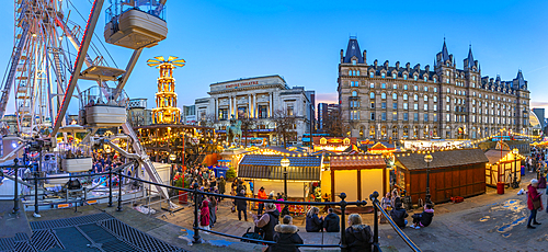 View of ferris wheel and Christmas Market from St. Georges Hall, Liverpool City Centre, Liverpool, Merseyside, England, United Kingdom, Europe