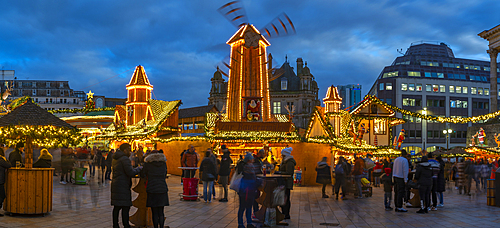 View of Christmas Market stalls in Victoria Square, Birmingham, West Midlands, England, United Kingdom, Europe