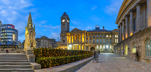 View of Chamberlain Memorial in Chamberlain Square at dusk, Birmingham, West Midlands, England, United Kingdom, Europe