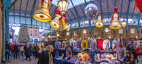 View of Christmas decorations in the Apple Market, Covent Garden, London, England, United Kingdom, Europe