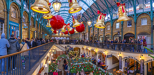 View of Christmas decorations in the Apple Market, Covent Garden, London, England, United Kingdom, Europe