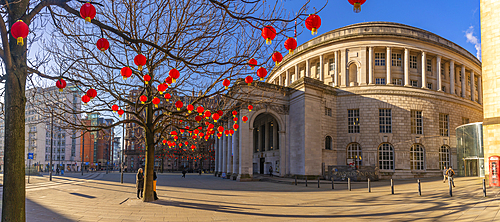 View of Chinese lanterns and Central Library in St. Peter's Square, Manchester, Lancashire, England, United Kingdom, Europe