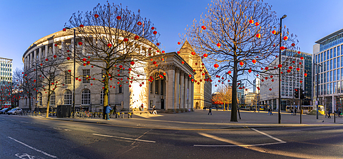 View of Chinese lanterns and Central Library in St. Peter's Square, Manchester, Lancashire, England, United Kingdom, Europe